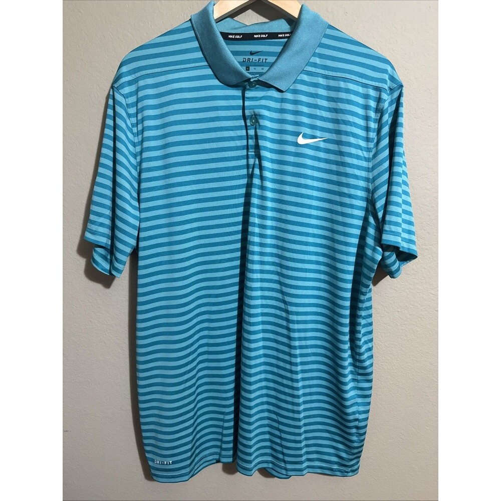 Nike Dri-Fit Golf Shirt Men’s XL Blue Striped sh. sleeve Performance Activewear
